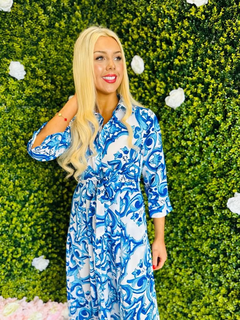 Odette Shirt Dress With Tie Baroque White & Blue
