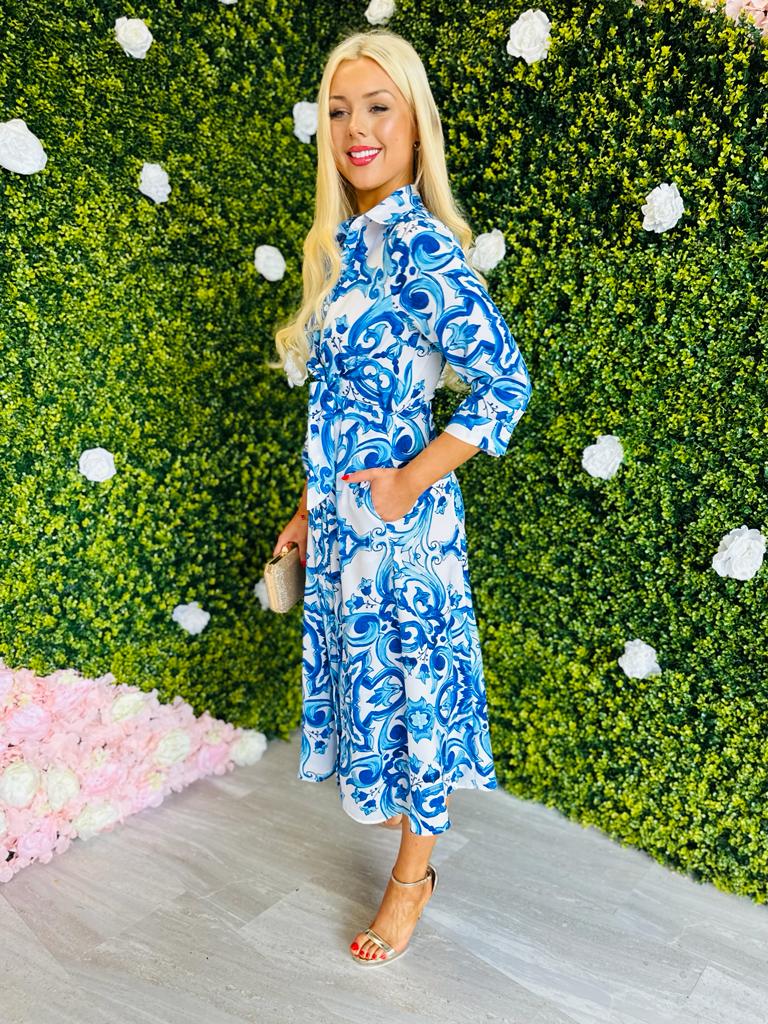 Odette Shirt Dress With Tie Baroque White & Blue