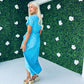 Farrah Split Hem Frill Detail Maxi Dress Blue with Gold Foil
