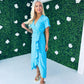 Farrah Split Hem Frill Detail Maxi Dress Blue with Gold Foil