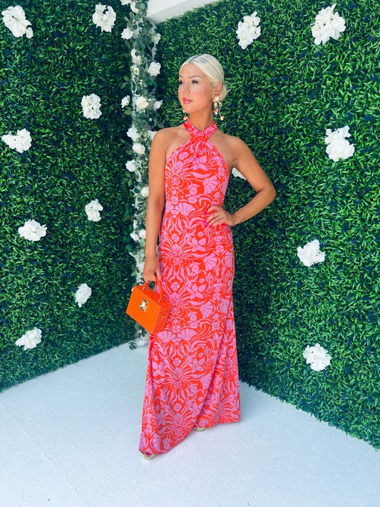 Anastasia Floral Halterneck Maxi Dress Orange / Pink