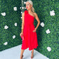 Whitney Red One Shoulder Corsage Midi Dress