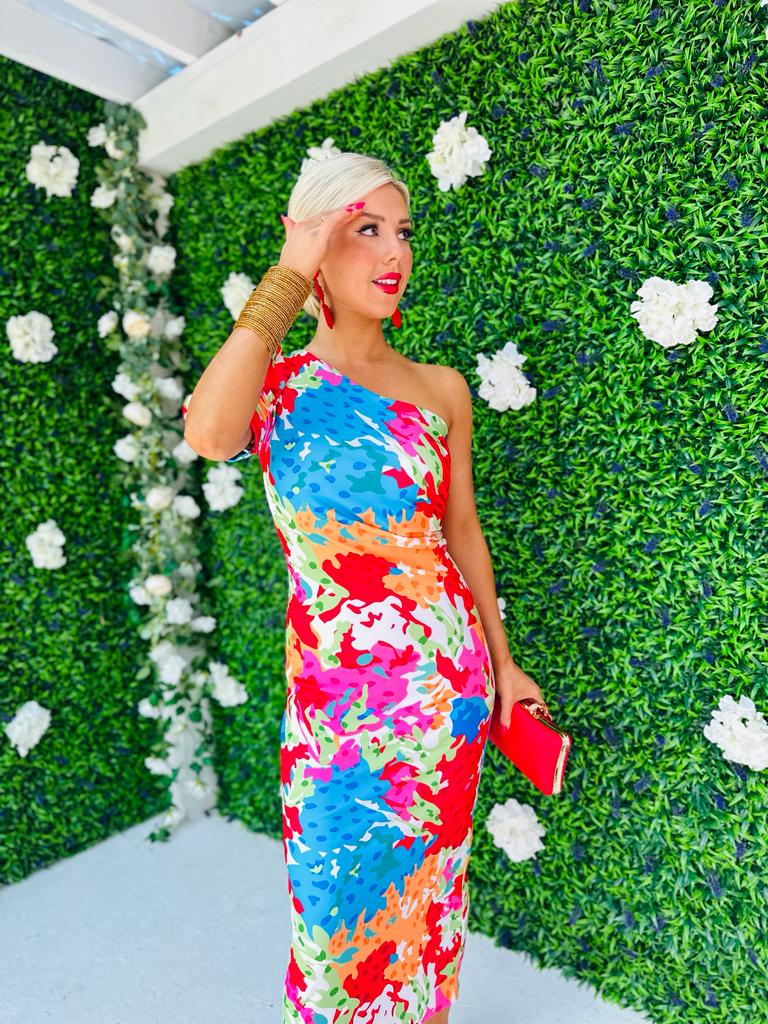 Heidi One Shoulder Midi Dress Pink