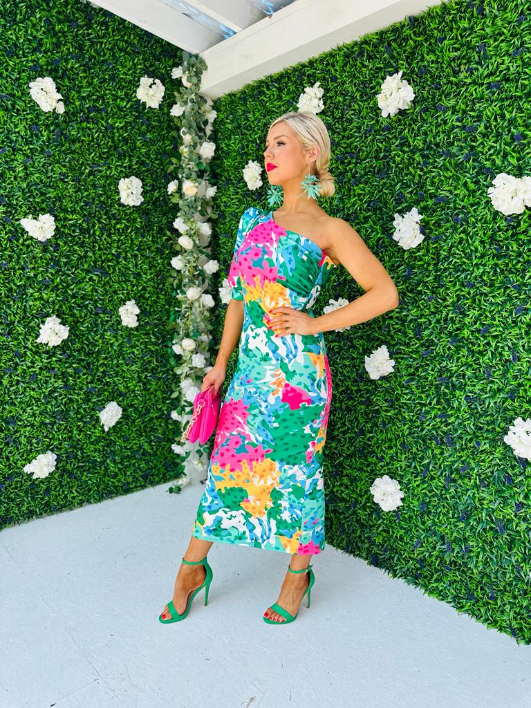 Heidi One Shoulder Midi Dress Green