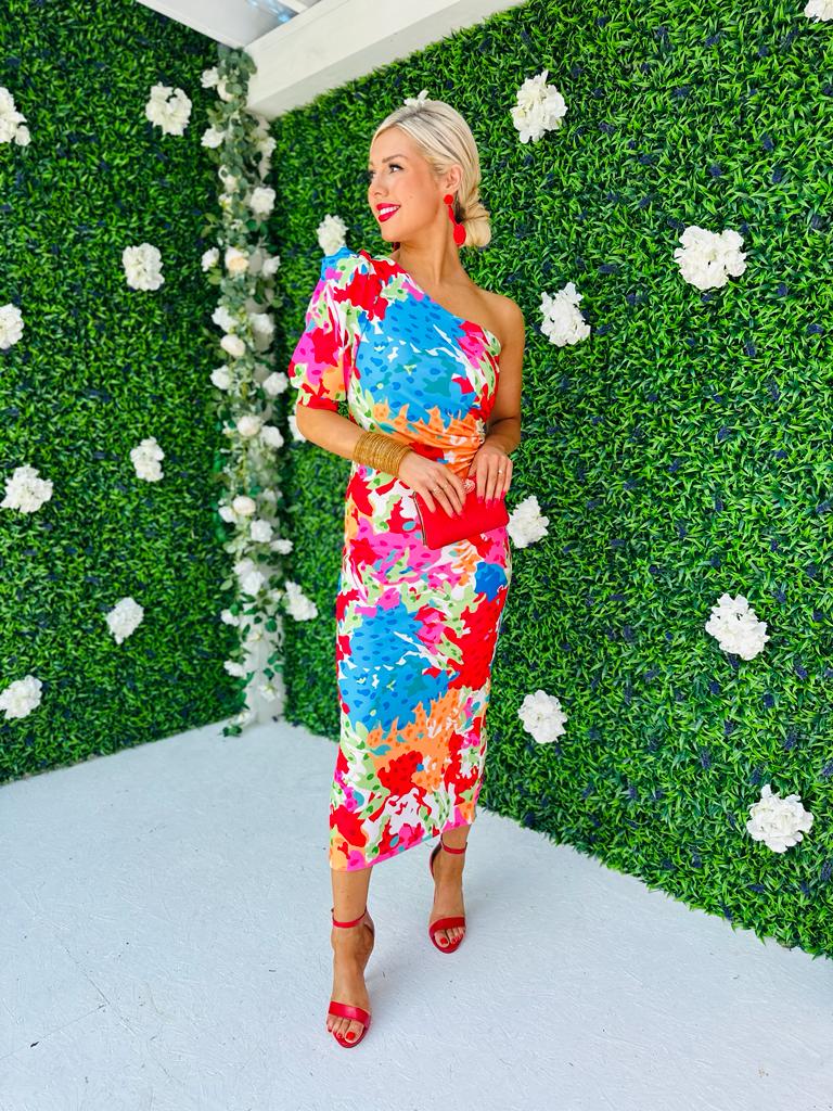 Heidi One Shoulder Midi Dress Pink