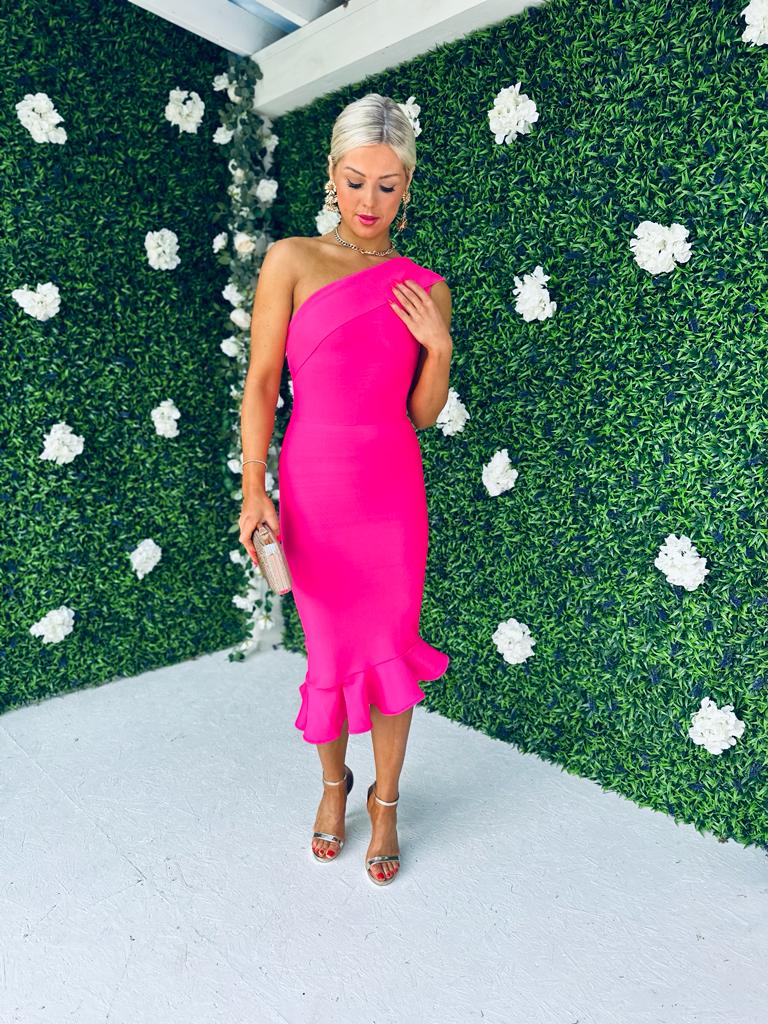 Fern One Shoulder Midi Dress Fuchsia