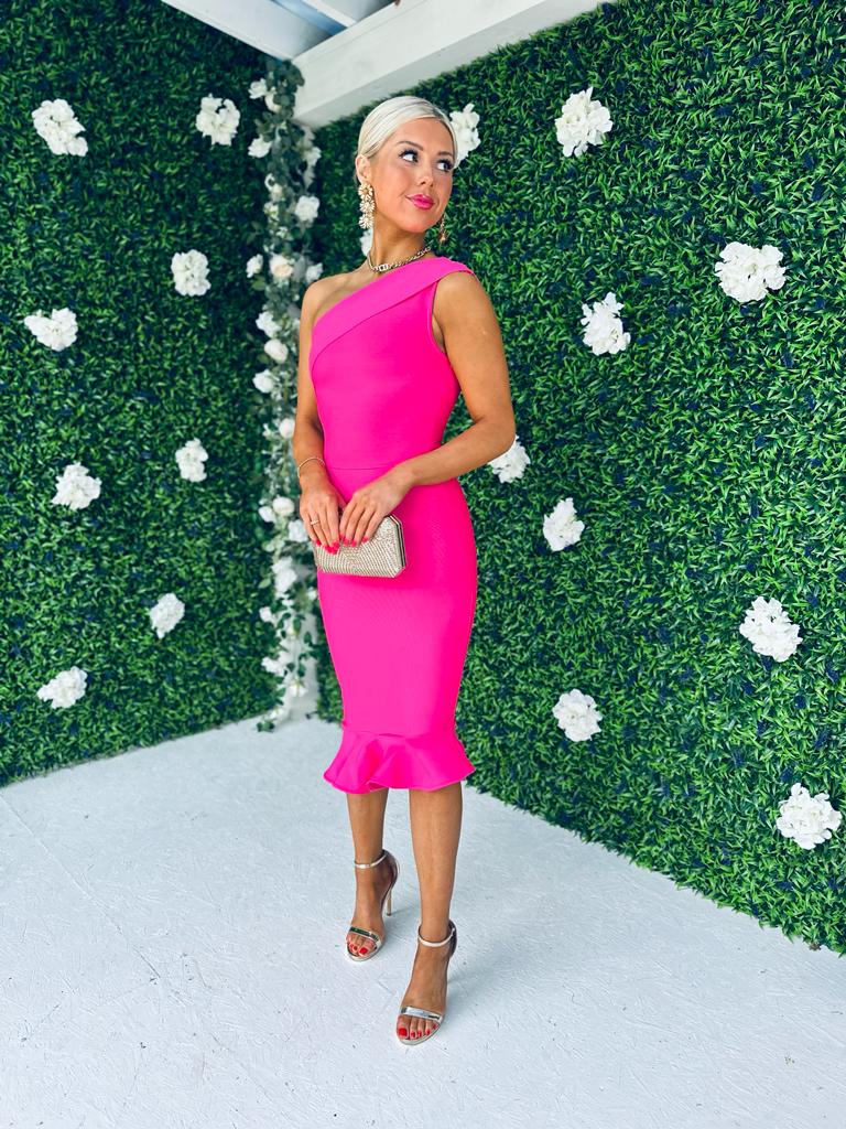 Fern One Shoulder Midi Dress Fuchsia