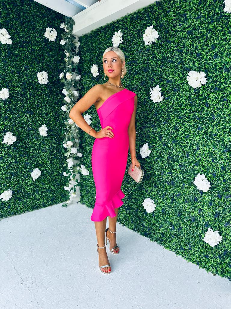 Fern One Shoulder Midi Dress Fuchsia