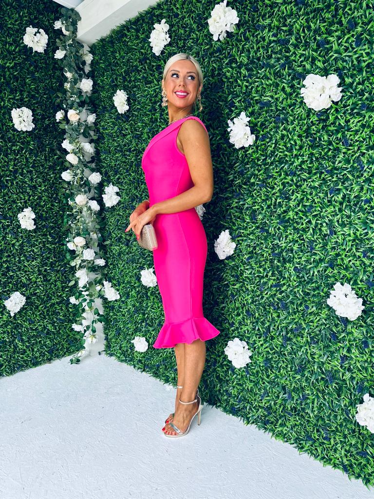 Fern One Shoulder Midi Dress Fuchsia