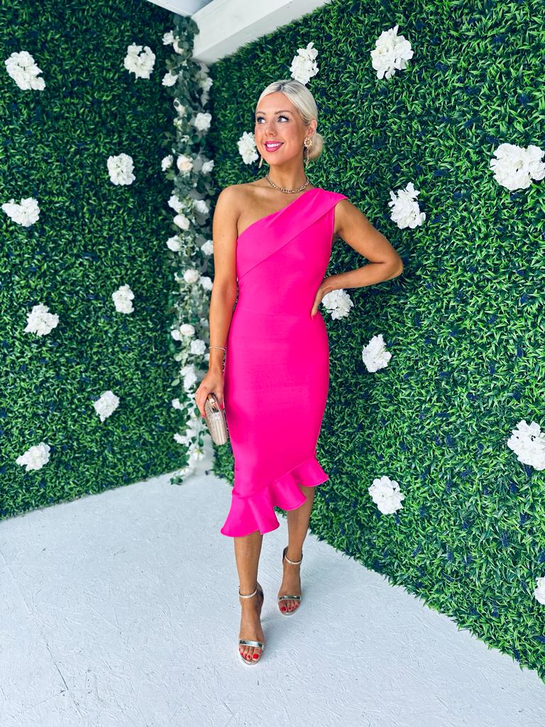 Fern One Shoulder Midi Dress Fuchsia