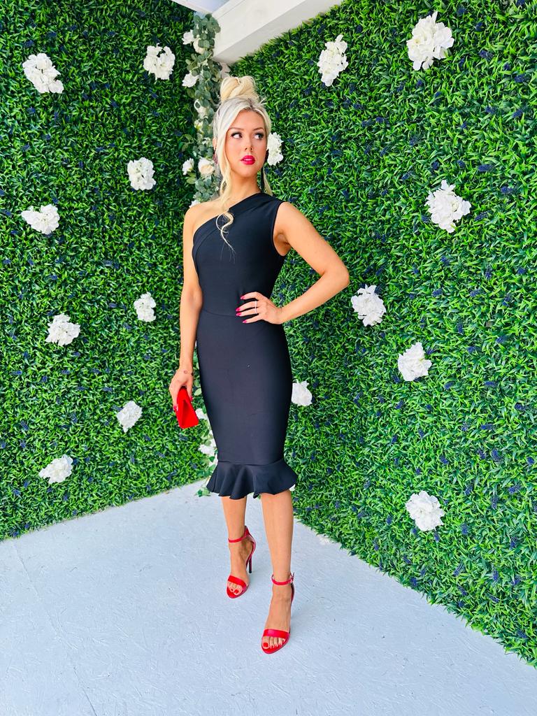 Fern One Shoulder Midi Dress Black