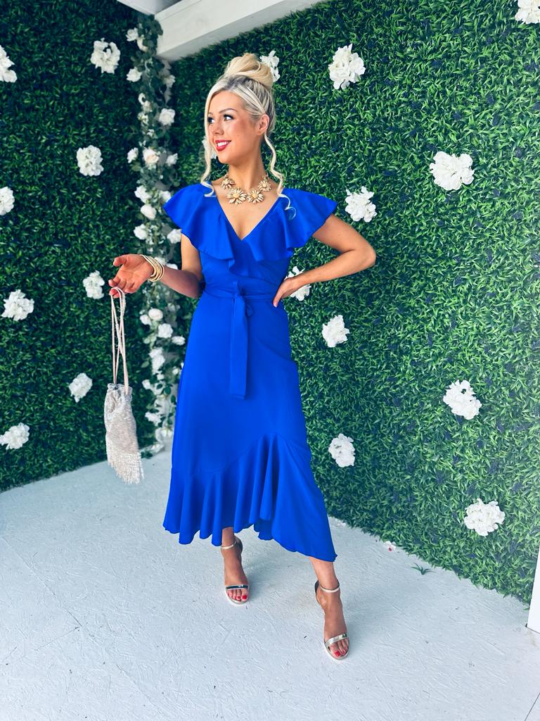 Daphne Frill Detailed Midi Dress Cobalt