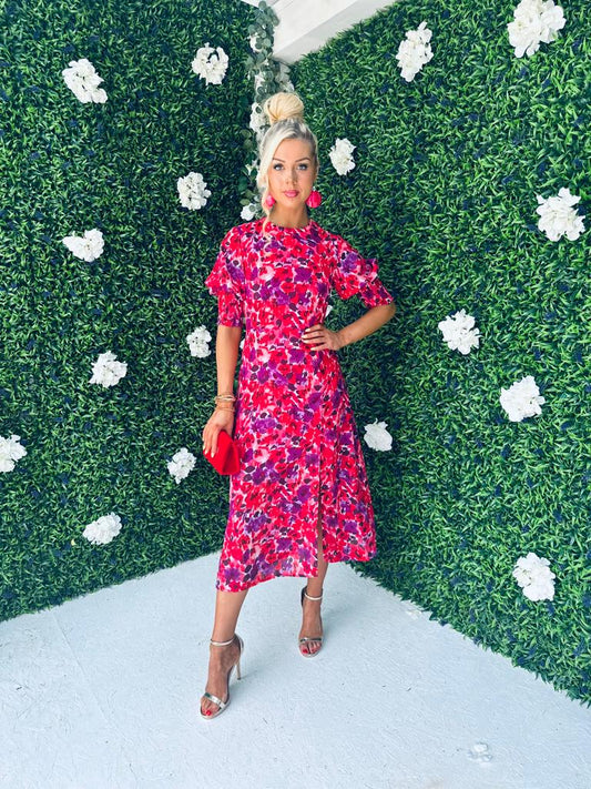 Shayla Shirred Cuff Midi Dress Floral Red