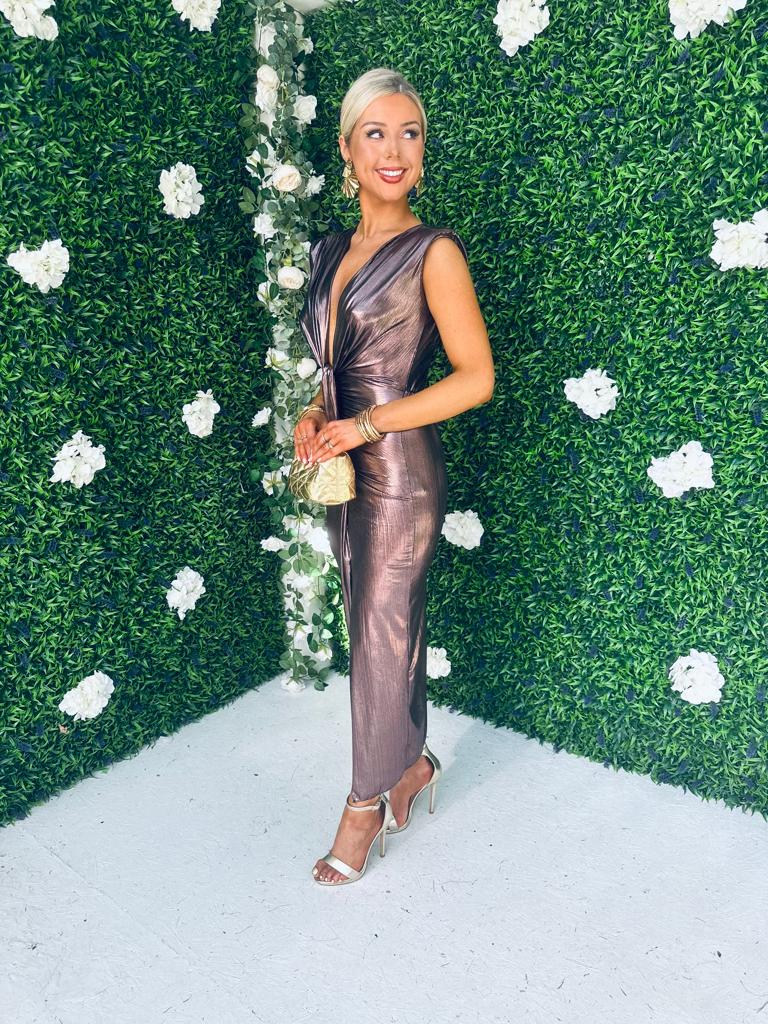 Evita Metalic Plunge Dress Bronze