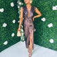 Evita Metalic Plunge Dress Bronze