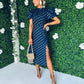 Lilith Puff Sleeve Midi Dress Gold & Navy