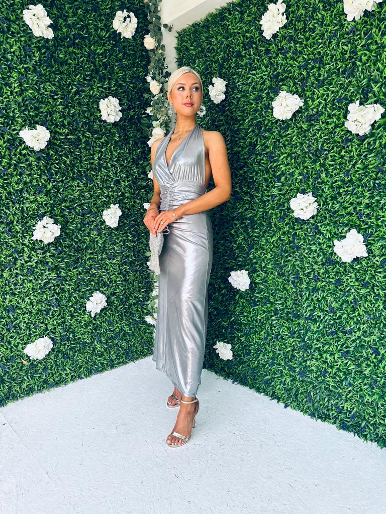 Sara Halterneck Midi Dress Silver