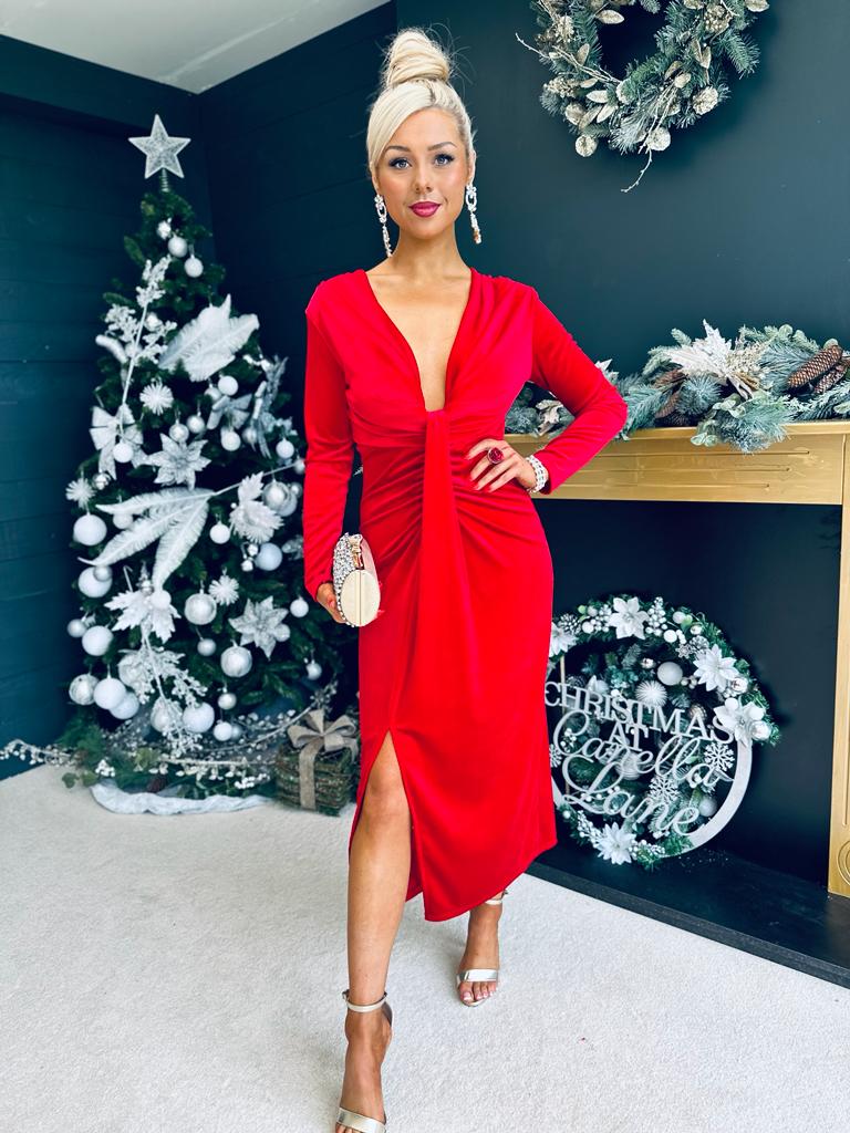 Rily Velvet Drape Detail Dress Rouge
