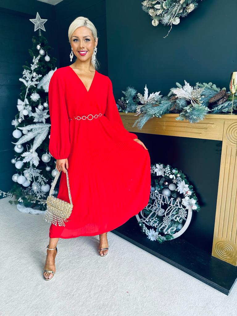 Dana Pleated Midi Dress Red