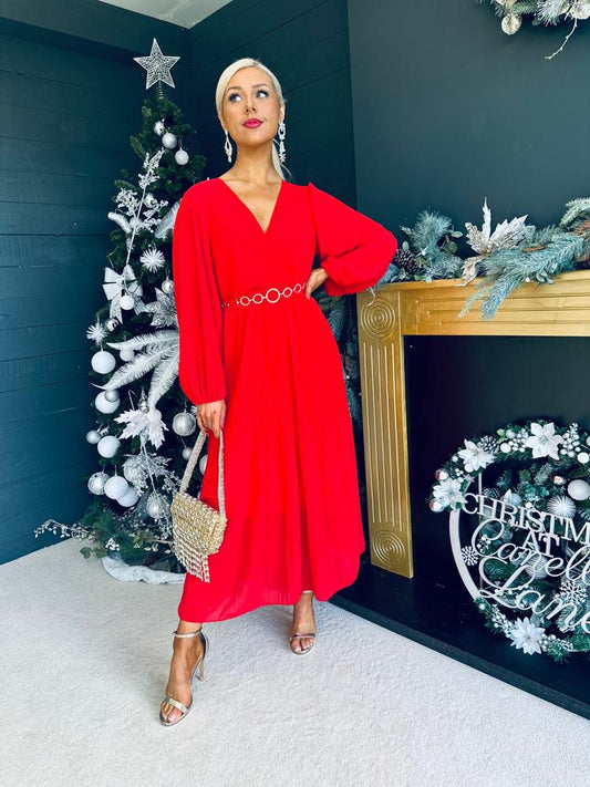 Dana Pleated Midi Dress Red