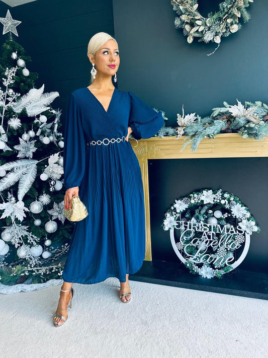 Dana Pleated Midi Dress Navy