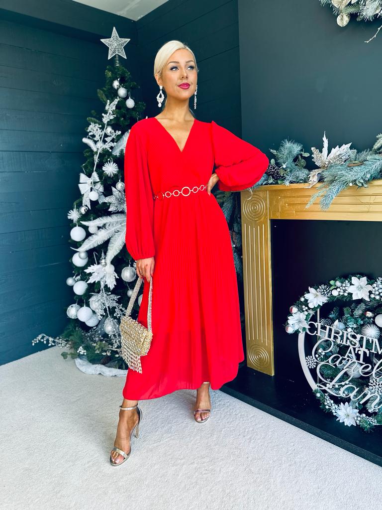 Dana Pleated Midi Dress Red