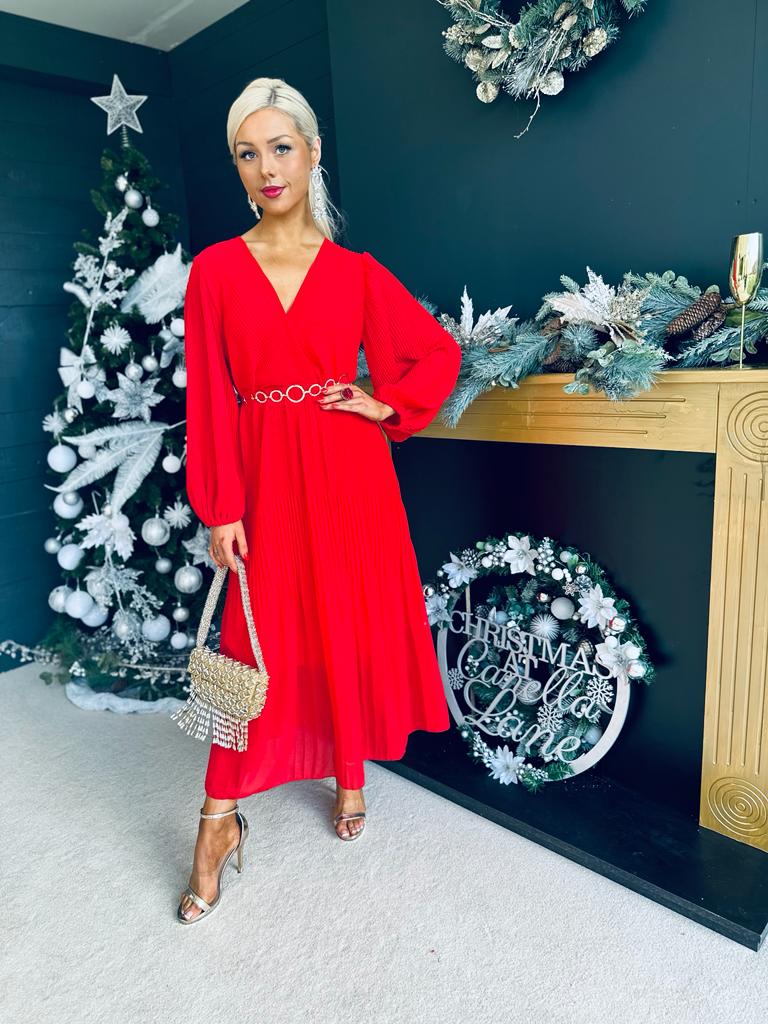 Dana Pleated Midi Dress Red