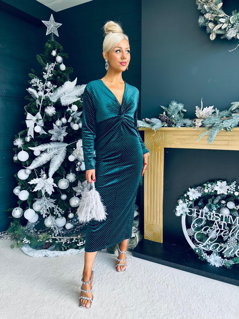 Ollie Knot Detail Velvet Dress Forest