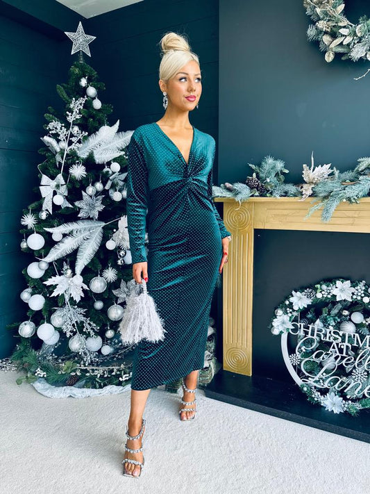 Ollie Knot Detail Velvet Dress Forest