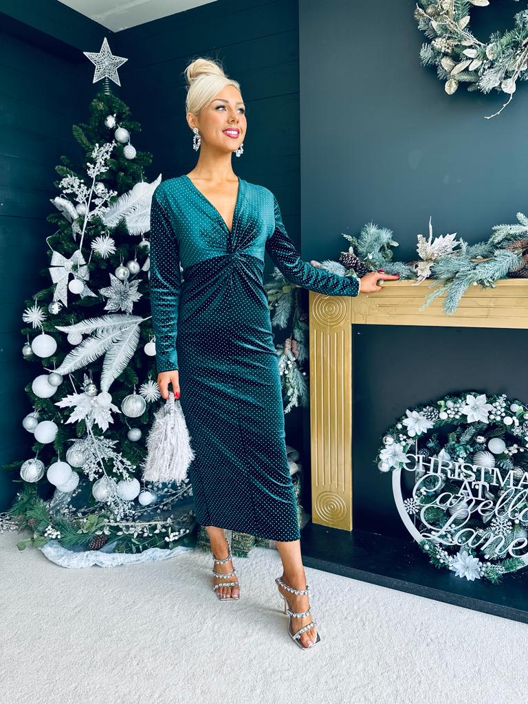 Ollie Knot Detail Velvet Dress Forest
