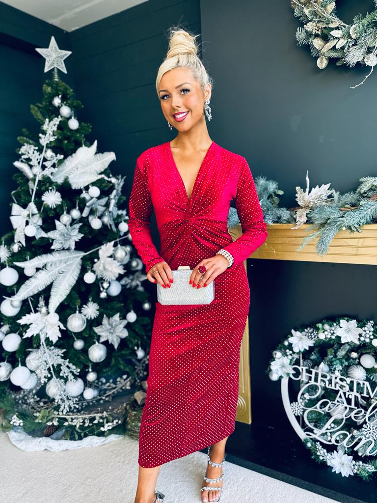 Ollie Knot Detail Velvet Dress Rouge