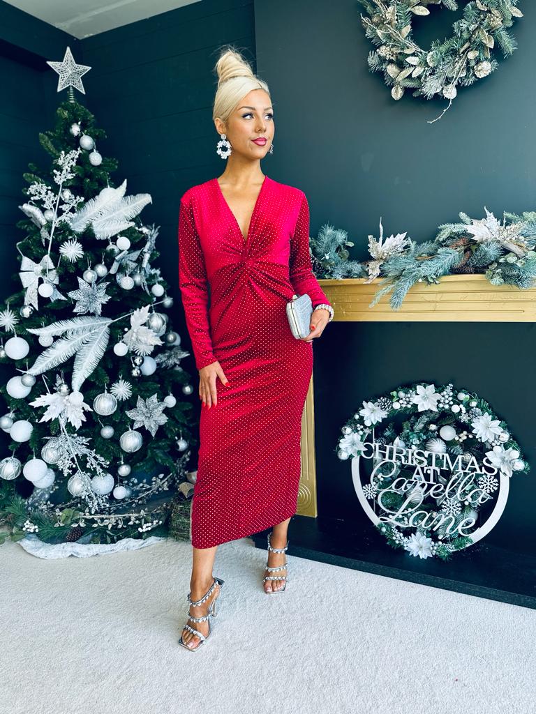 Ollie Knot Detail Velvet Dress Rouge