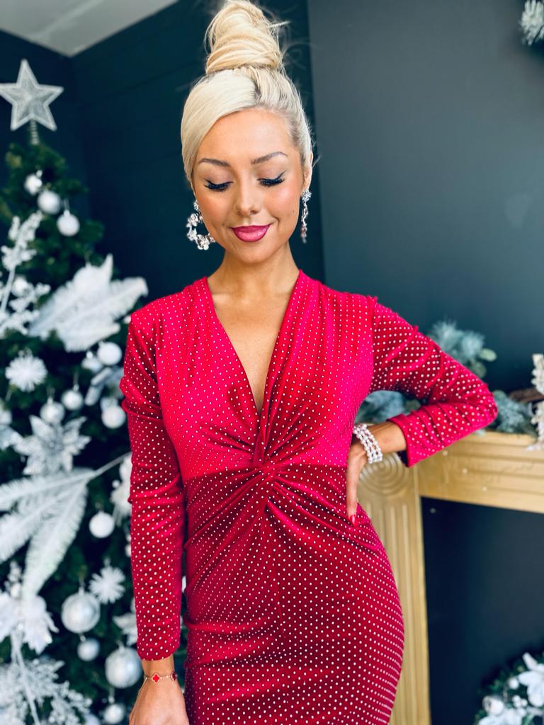 Ollie Knot Detail Velvet Dress Rouge