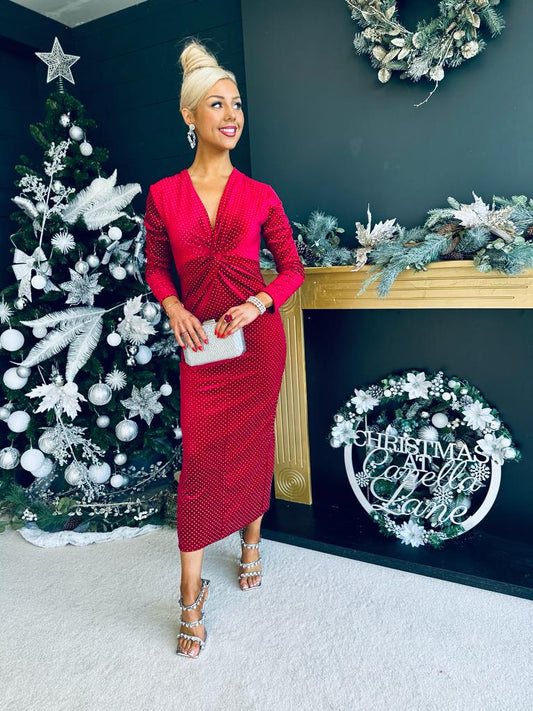 Ollie Knot Detail Velvet Dress Rouge