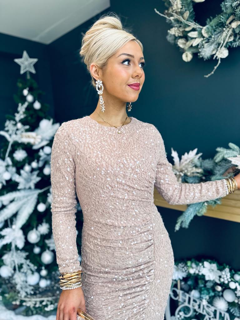 Bianca Ruched Sequin Mini Dress Taupe