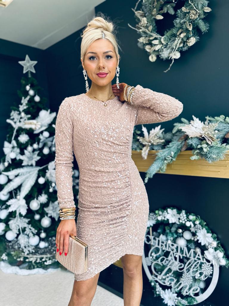 Bianca Ruched Sequin Mini Dress Taupe