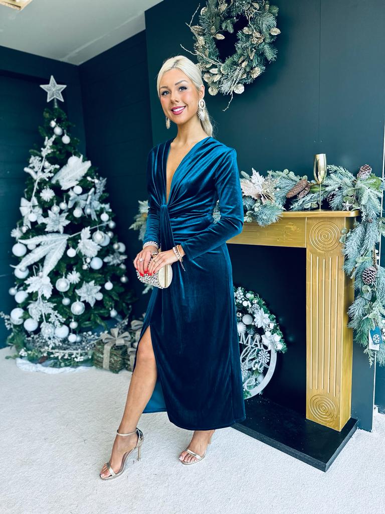 Rily Velvet Drape Detail Dress Topaz