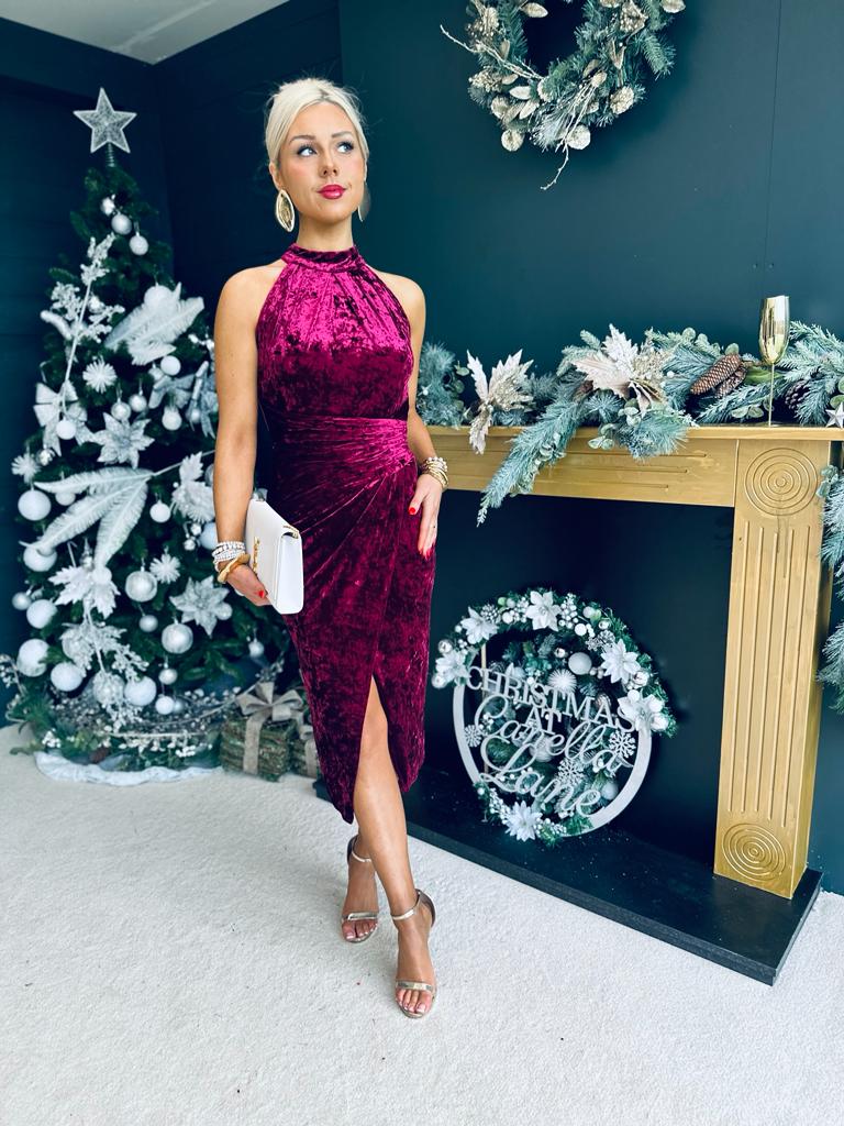 Alessa Velvet Halterneck Midi Dress Wine