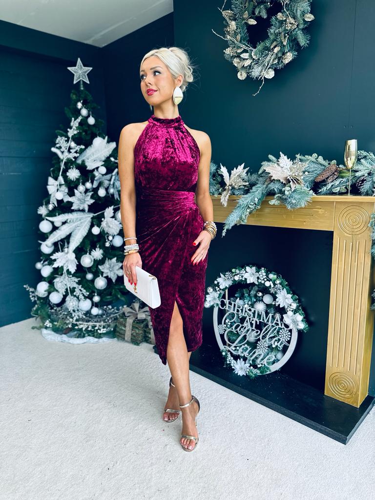 Alessa Velvet Halterneck Midi Dress Wine