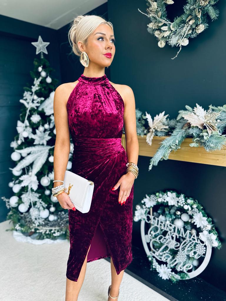 Alessa Velvet Halterneck Midi Dress Wine