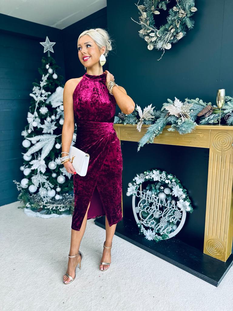 Alessa Velvet Halterneck Midi Dress Wine