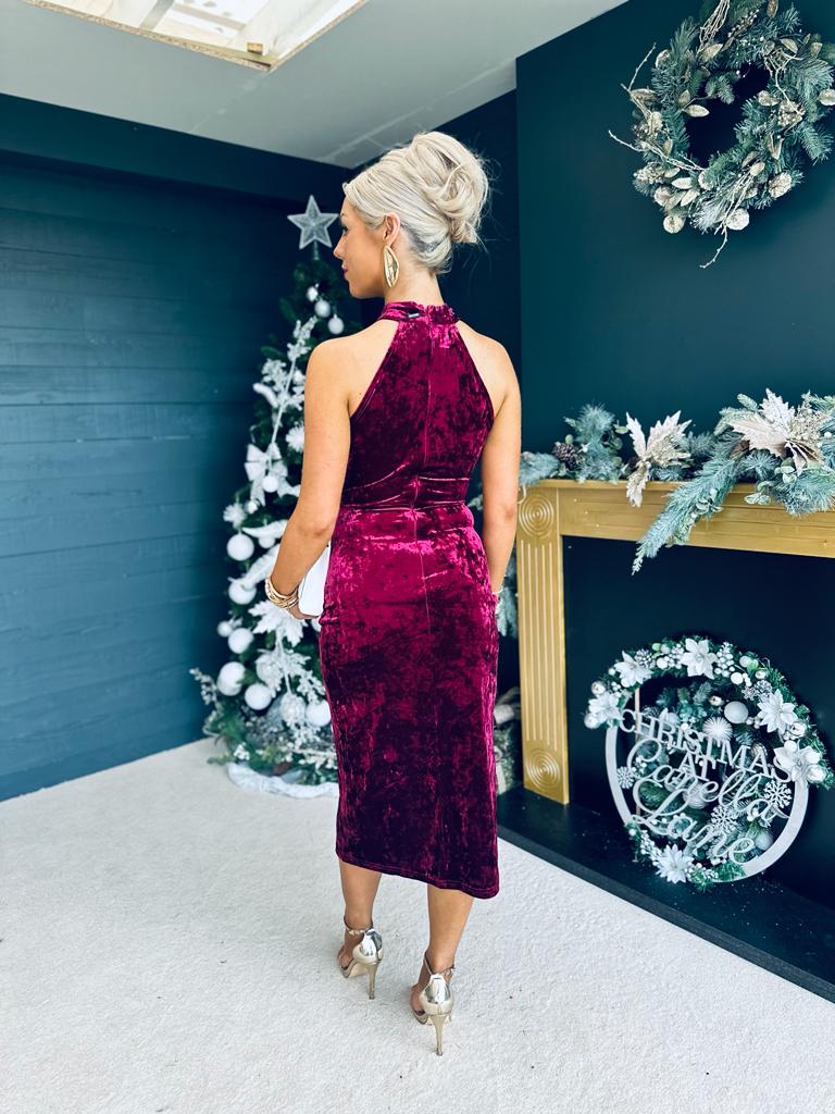 Alessa Velvet Halterneck Midi Dress Wine