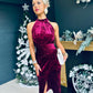 Alessa Velvet Halterneck Midi Dress Wine