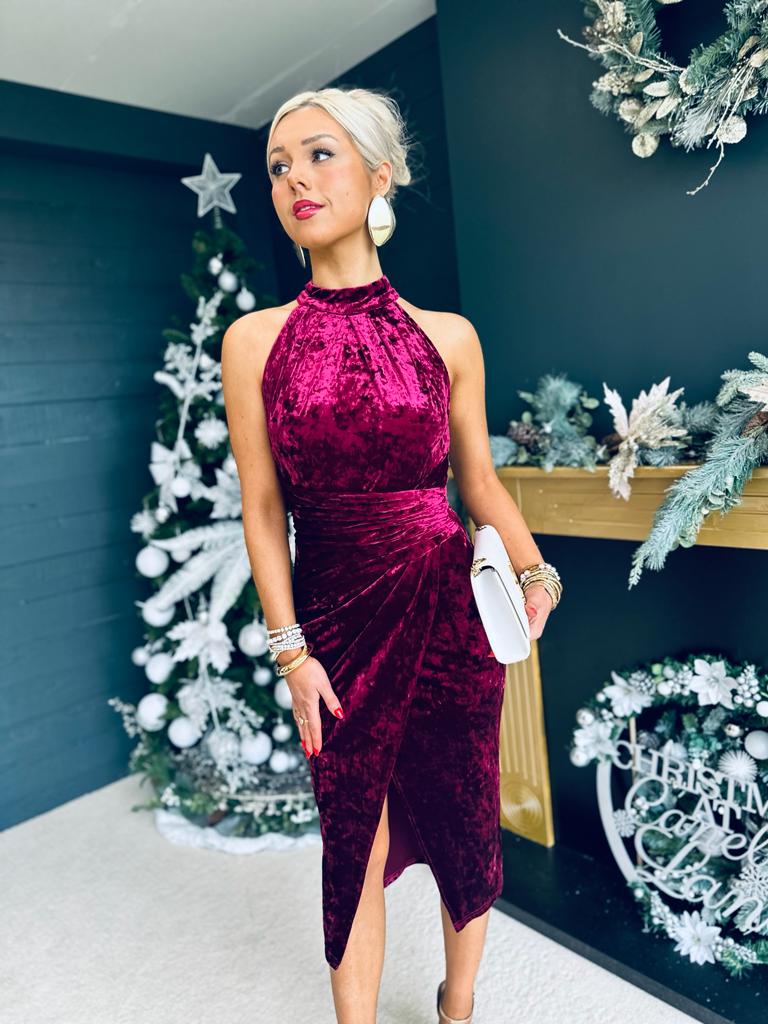 Alessa Velvet Halterneck Midi Dress Wine