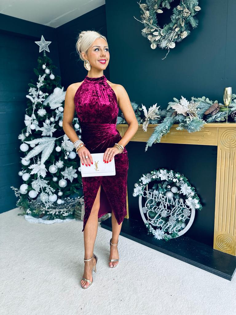 Alessa Velvet Halterneck Midi Dress Wine