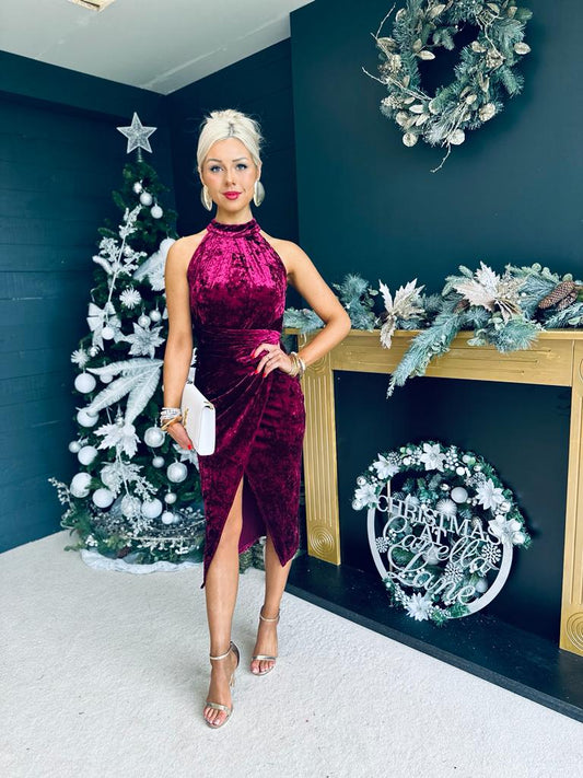 Alessa Velvet Halterneck Midi Dress Wine