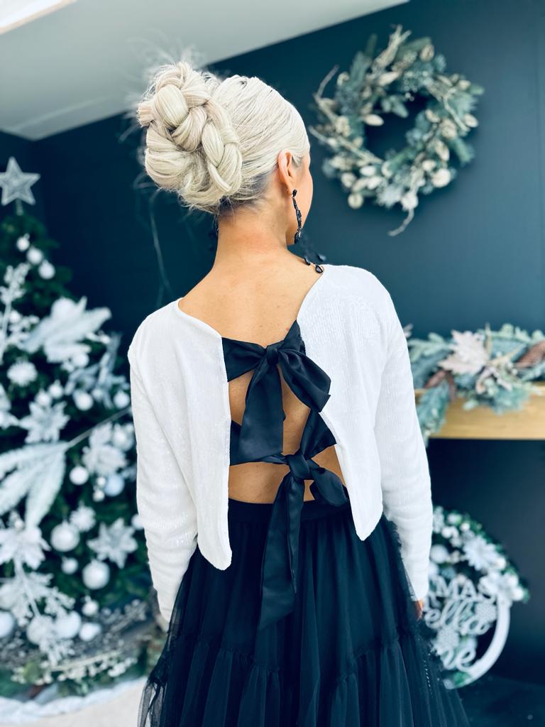 Fiah Bow Detail Sequin Top White