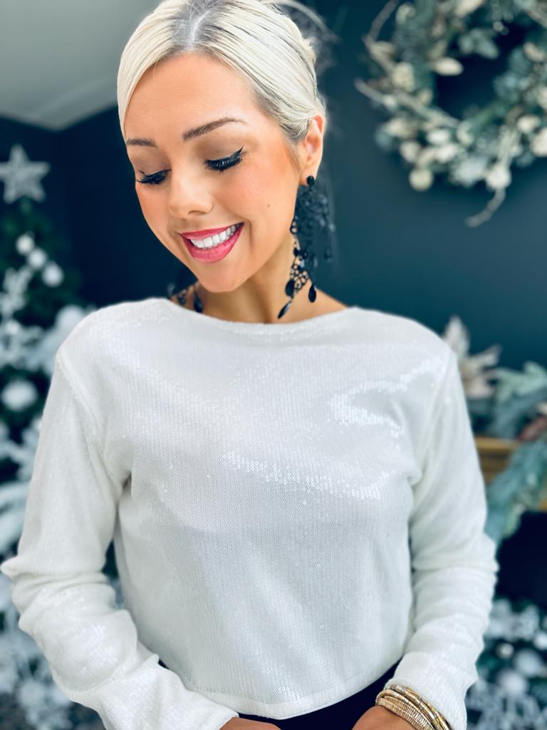 Fiah Bow Detail Sequin Top White