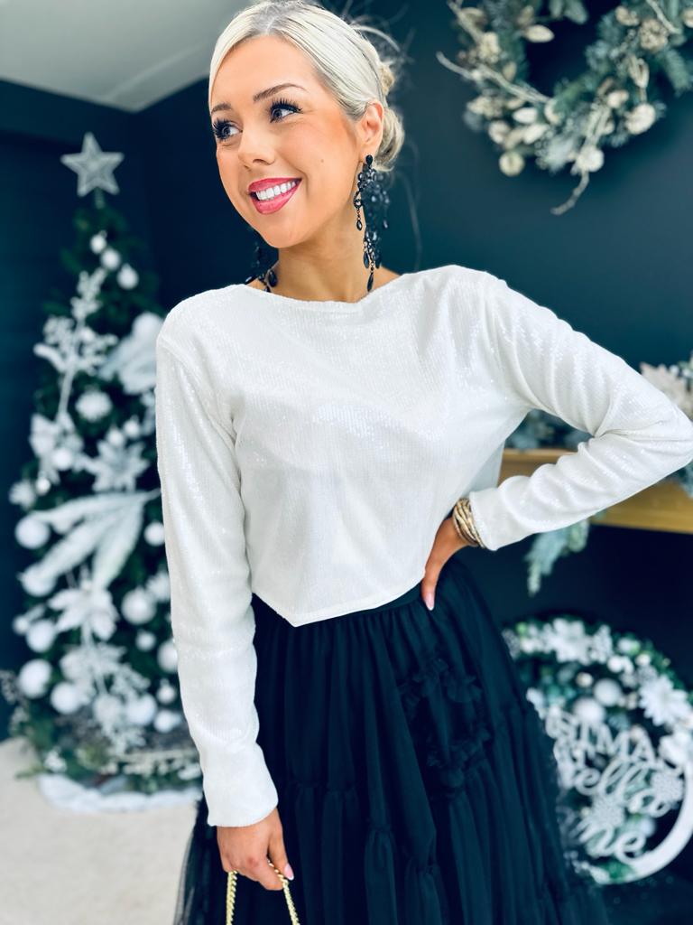 Fiah Bow Detail Sequin Top White