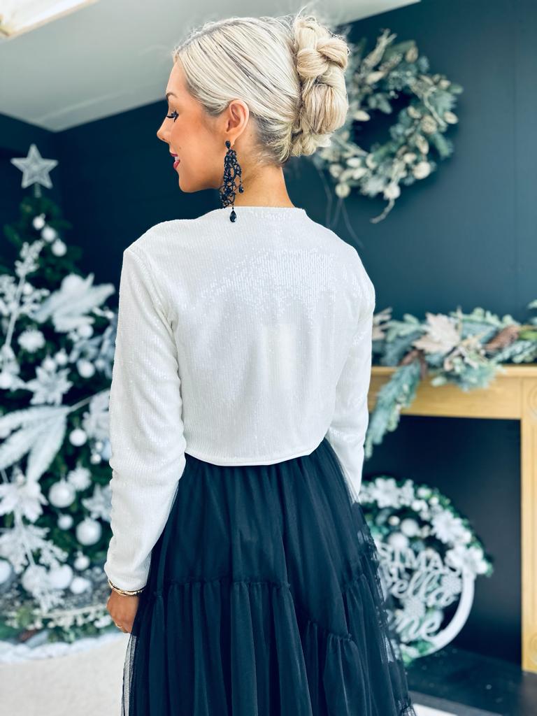 Fiah Bow Detail Sequin Top White